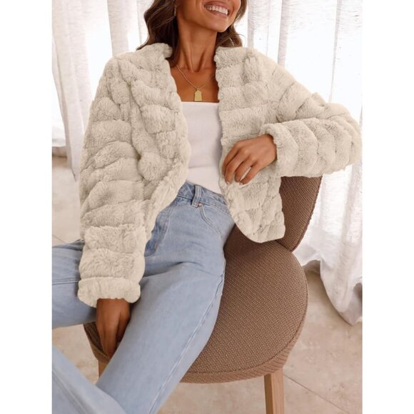 Women's Faux Fur Coats Fleece Cropped Jacket Long Sleeve Shaggy Warm Khaki - Picture 5 of 5
